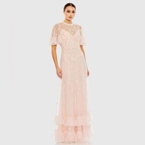 Mac Duggal 9199 Light Pink Ruffled Floral Embellished Flutter Sleeve Dress $798